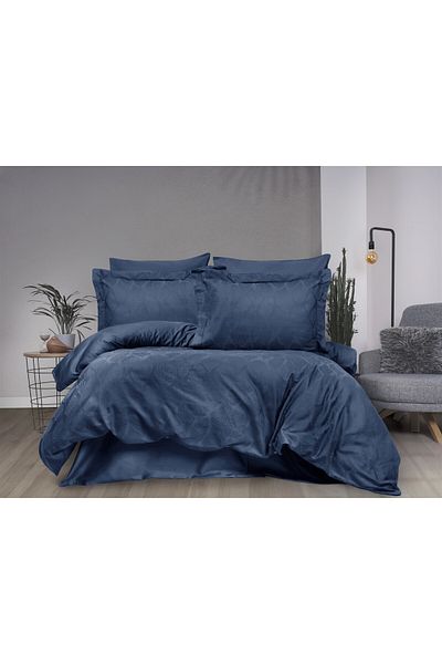 Sevim Double Jacquard Duvet Cover Set - Cotton Satin Leaf Patterned Duvet Cover Set -Aura Indigo