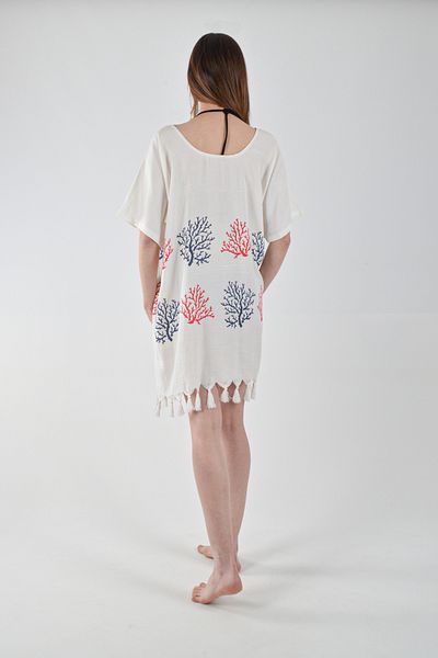 REİNA TEKS Beachwear Beach Dress Crew Neck Red-Blue Coral Pattern Cotton Viscon Beach Clothing 1Pc