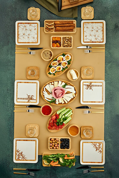 Genel Markalar 23 Parça 6 Kişilik Seramik & Bambu Kahvaltı ve Yemek Takımı Seti Doğal Şıklık Pasta set çay tabaklı.