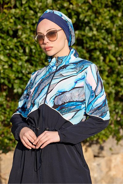 NS TASARIM MAYO Lena Model Blue Butterfly Pattern Design Hijab Swimsuit Set