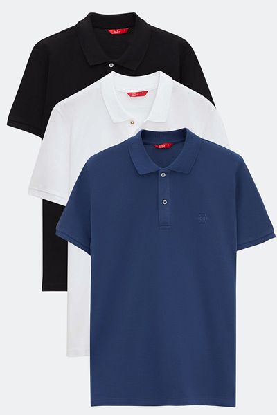 D'S Damat Ds Damat Regular Fit Black/Indigo/White Pique Textured 100% Cotton Polo Neck T-Shirt