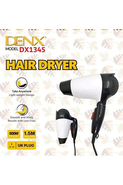Denx مجفف شعر أيوني احترافي 500 واط، محرك تيار متردد سريع الجفاف، سرعتان، موزع وفوهة - أبيض