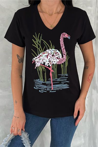 FEMELLE Tricou negru pentru femei, cu decolteu în V, cu paiete și broderie, brodat, 100% bumbac
