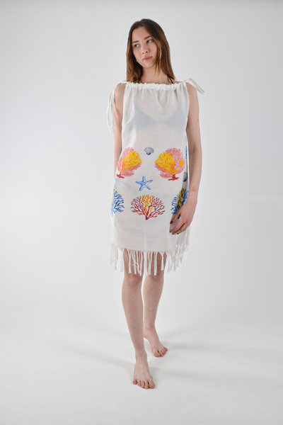 REİNA TEKS Пляжний одяг Віскозна сукня з бавовняним шнурком та кораловим візерунком 1 шт. Парео