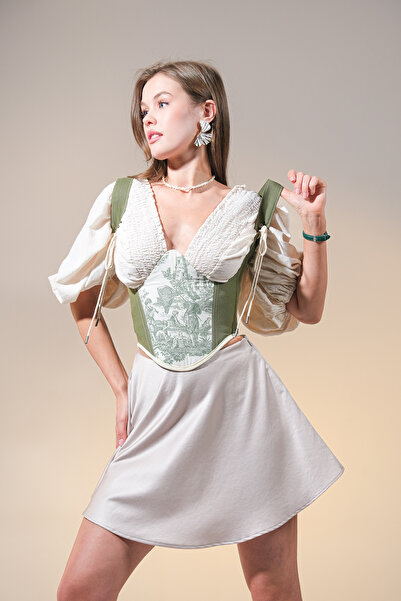 CHAROS Victorean Dönemi Baskılı Bağıcıklı Askı Detaylı Göğüs Altı Korse