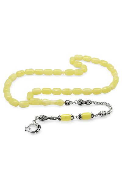 Tesbihane Non-Tarnish Metal Tasseled Capsule Cut Yellow-White Moire Beirut Amber Prayer Beads