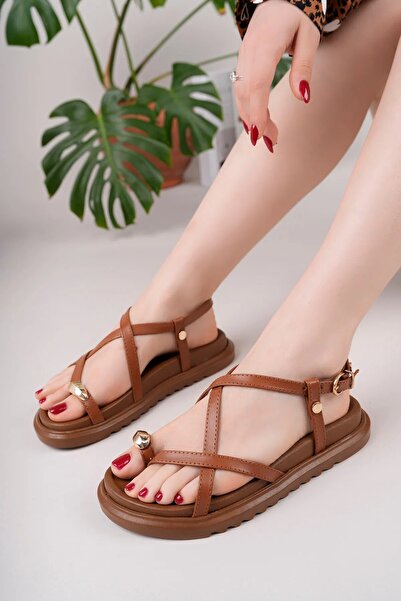 KAOF SHOES Women's Tan Gold Ring Detailed Daily Sandals Women's Slippers Wome...