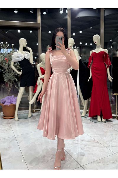 missswans Lilit Strap Bow Detailed Low Back Midi Length Shiny Evening Dress Powder