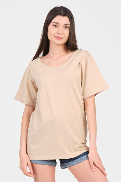 As Collection تي شيرت نسائي بيج برقبة على شكل حرف V - موديل Boyfriend بأكمام ...