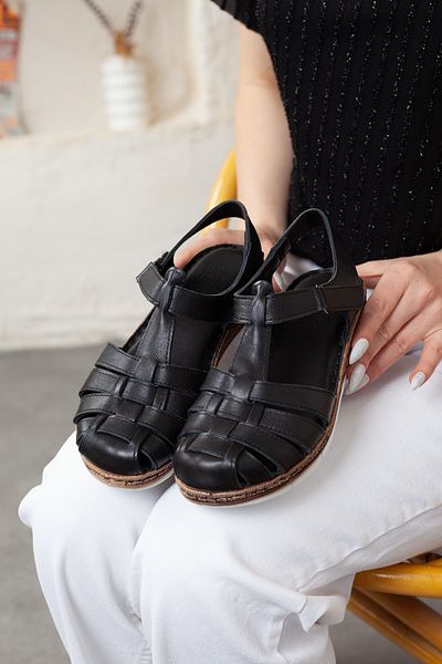 Adım Adım Women's Genuine Leather Orthopedic Black Sandals