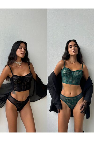 Cansoy Set bustieră cu sclipici fără cupă negru-verde din 2 piese (692TK)