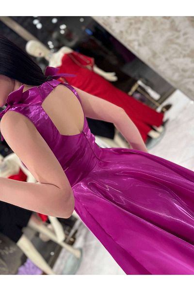 missswans Lilit Strap Bow Detailed Low Back Midi Length Shiny Evening Dress Purple