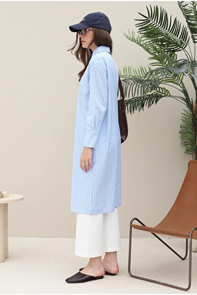 HEQA Double Breasted Placket Shirt Long Blue