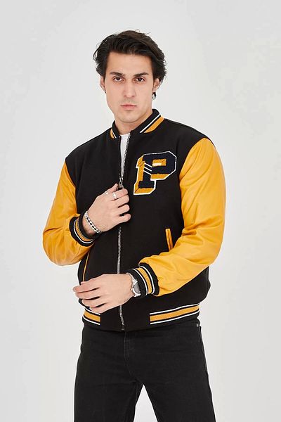 MODA Men's Faux Leather Jacket with Internal Fiber and Lined Sleeves - Yellow