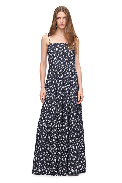 Perspective Siyah Beyaz Tonias Rahat Kalıp Çiçekli Uzun Boy Elbise