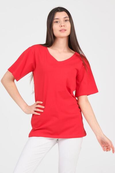 As Collection Κόκκινο γυναικείο μπλουζάκι με λαιμόκοψη σε V - Κοντό μανίκι Bo...