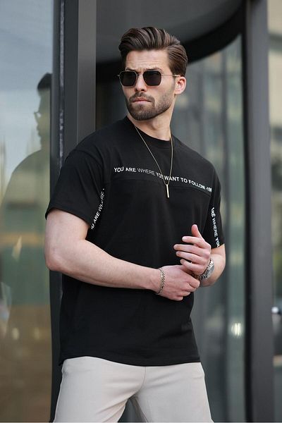Madmext Black Crew Neck Printed Basic T-Shirt E7156