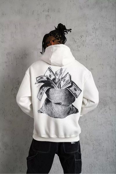HobiDünyasıElif Men's Kangaroo Pocket Printed Hooded Sweatshirt - White