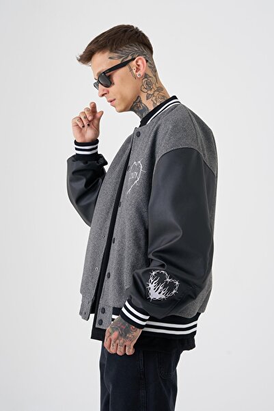 Machinist Erkek Hell Fire Club Oversize Bomber Ceket ANTRASİT