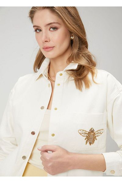 RECEP AYDIN Ecru Brooch Detailed Denim Outer Shirt
