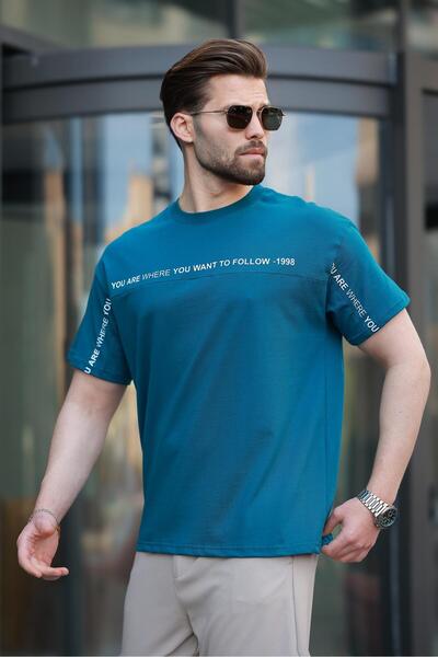 Madmext Μπλουζάκι με στάμπα Petrol Blue Crew Neck Basic T-shirt E7156
