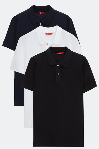 D'S Damat Ds Damat Regular Fit Black/White/Navy Blue Pique Textured 100% Cotton Polo Neck T-Shirt