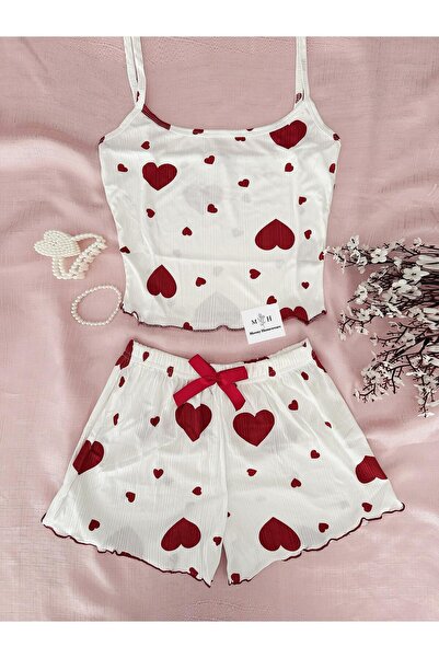 MH Moony Homewears Σετ καλοκαιρινής πιτζάμα 2 τεμαχίων με ριμπ μπορντό καρδιά
