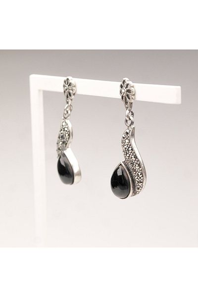 Skygo Marcasite Stone Silver Drop Oltu Stone Earrings