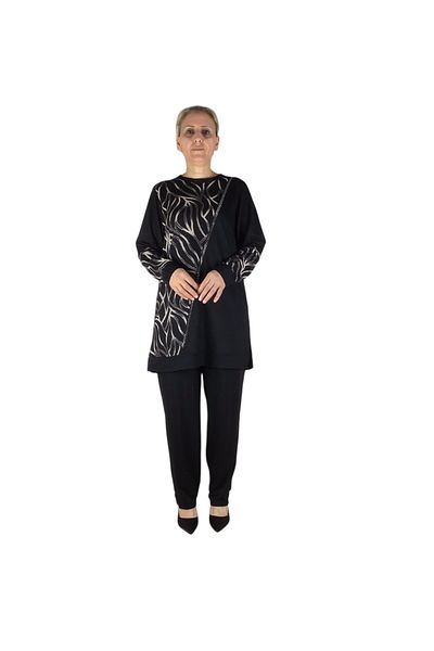 ECE GİYİM Women's Bluz Front Patterned Stone Pants Elastic Double Set