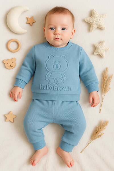 MiniElegans Bear Seersucker Embossed 2-Piece Baby Boy Set