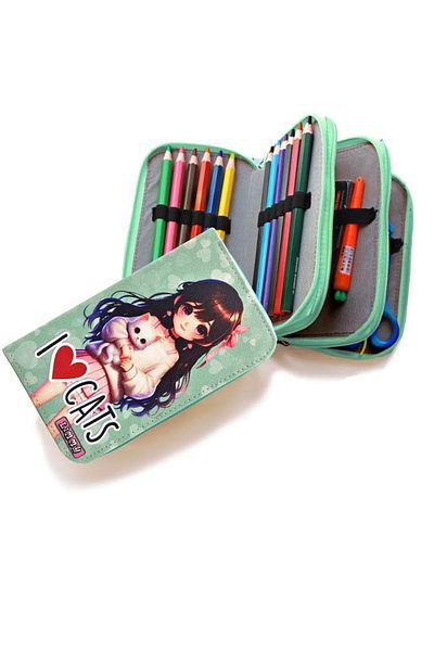 senacacollection Pencil Case Black Pink Blink Organizer Pencil Case Vegan Leather 3 Compartments 1 PCS