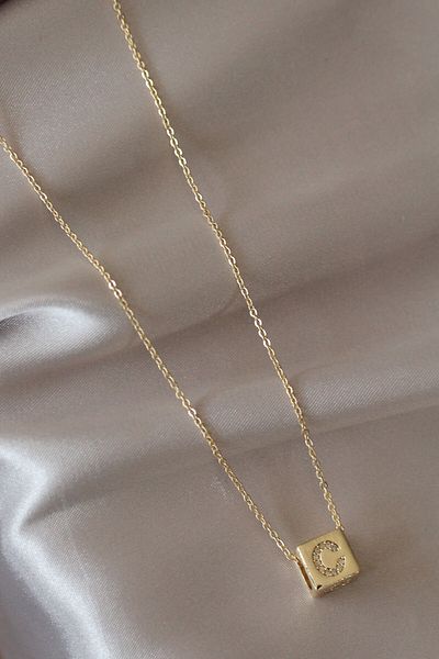 Skygo Gold Color Zircon Stone Cube Model C Letter Necklace - Tj-Bko5199