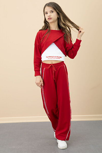 Cansın Mini Kırmızı Şerit Detaylı Geniş Paça Croplu Kız Çocuk 3'lü Takım 20704