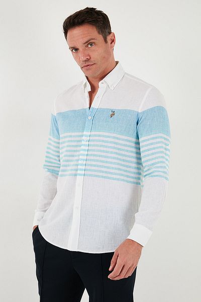 U.S. Polo Assn. ΒΑΣΗ. Πόλο ριγέ βαμβακερό και λινό μείγμα κανονικής εφαρμογής Ανδρικό πουκάμισο G081SZ0042105934