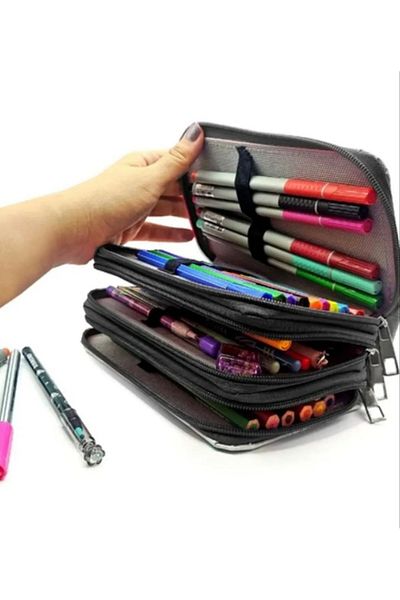 senacacollection Pencil Case Black Pink Blink Organizer Pencil Case Vegan Leather 3 Compartments 1 PCS