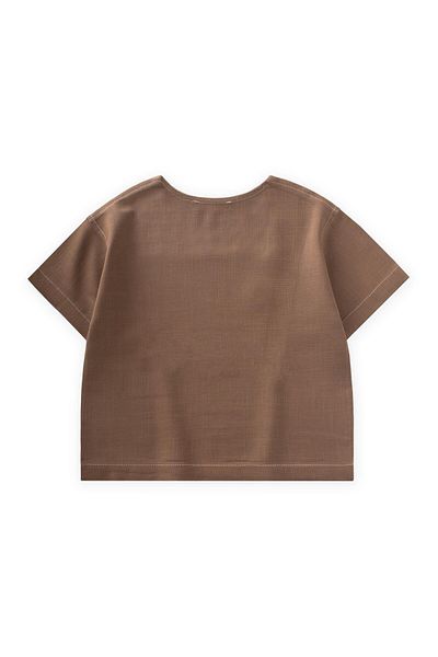 Cigit Contrast Stitched Linen Blouse Caramel