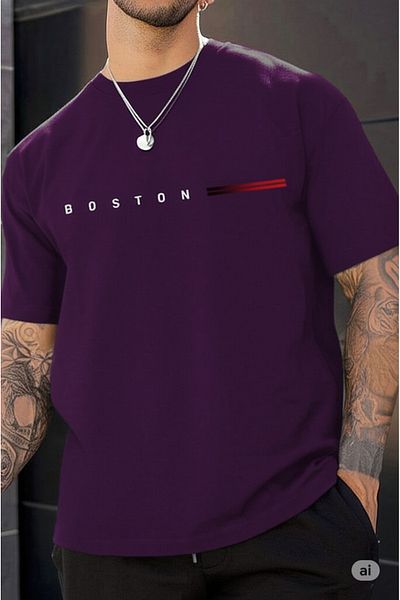 NO 601 Ανδρικό μωβ μπλουζάκι Boston με στάμπα Oversize