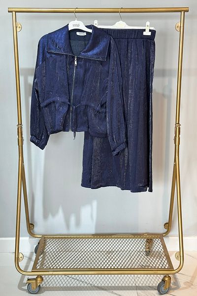 Nuss Waist Drawstring Short Jacket Skirt Suit 1039 Navy Blue