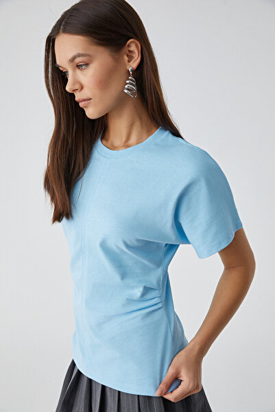 GRIMELANGE Nexus Women's Regular Crew Neck Drawstring Detailed Blue T-Shirt