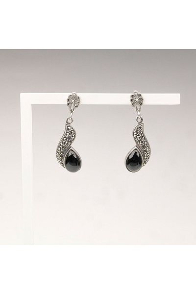 Skygo Marcasite Stone Silver Drop Oltu Stone Earrings