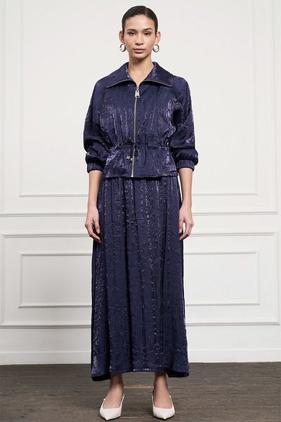 Nuss Waist Drawstring Short Jacket Skirt Suit 1039 Navy Blue