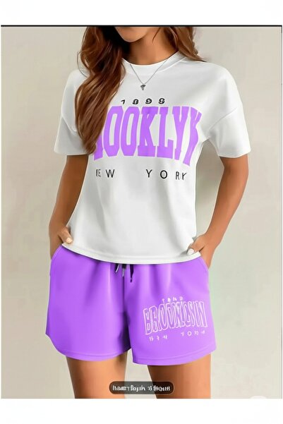 NO 601 Tricou alb oversize de damă, cu imprimeu Brooklyn, pantaloni scurți di...