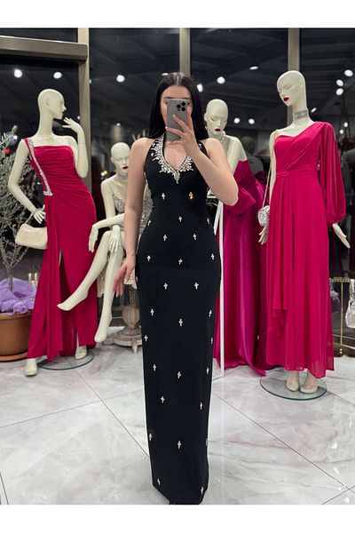 missswans Roan Halter Neck Closure Stone Detailed Long Length Evening Dress Black