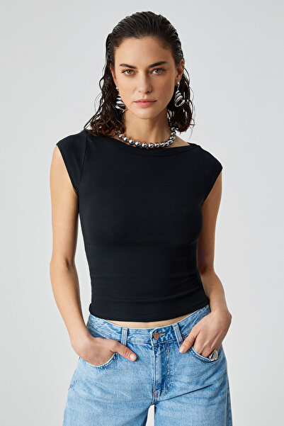 GRIMELANGE Noemi Women Ballerina Collar Short Sleeve Slim Fit Ribbed Black Blouse