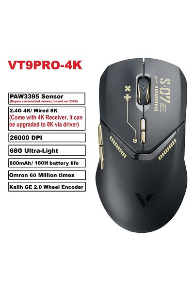 Choice ماوس الألعاب اللاسلكي Vt9pro Paw3398 من رابو، أسود وذهبي، 26000 نقطة في البوصة، 68 جرام، خفيف الوزن، سلكي