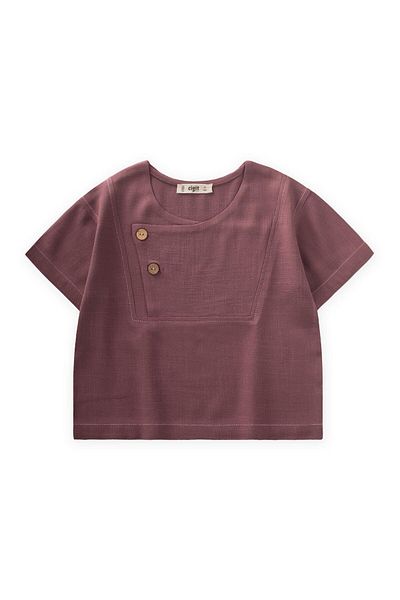 Cigit Contrast Stitched Linen Blouse 2-7 Years Old