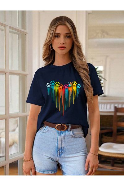 uyguntarz Unisex Cute Cat Paw Heart Design Printed Tshirt