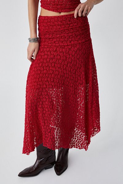 GRIMELANGE Karma Women's Oversize Elastic High Waist Long Red Skirt