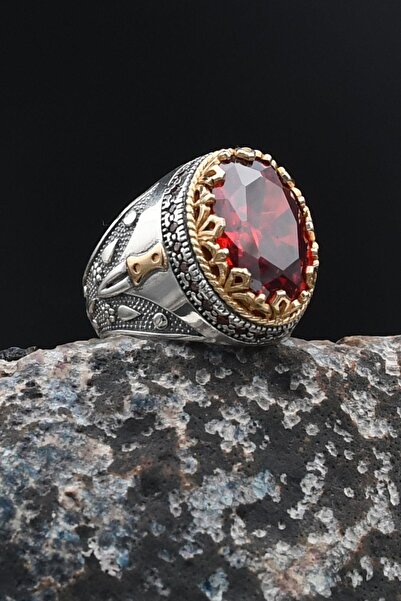 Prestige 925 Ayar Gümüş Kırmızı Zirkon Taşlı Zirkon Taş Süslemeli Erkek Yüzüğ...