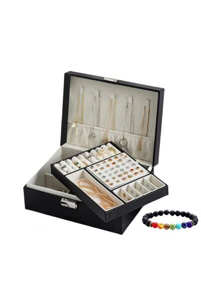 OEM Jewelry box, 2 floors, black, with key, 23x17.5x9cm, included Aromatherapy energy bracelet